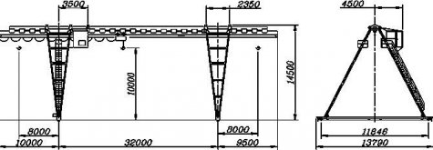 Кран козловой электрический общего назначения пролет 32 метра грузоподъёмностью 12,5 тонн (управление из кабины)